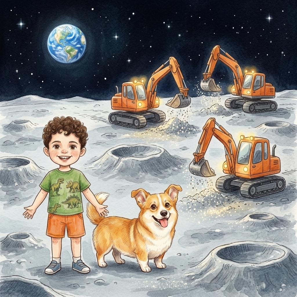 Milo and Biscuit on the moon, watching three friendly excavators dig sparkling moon dust